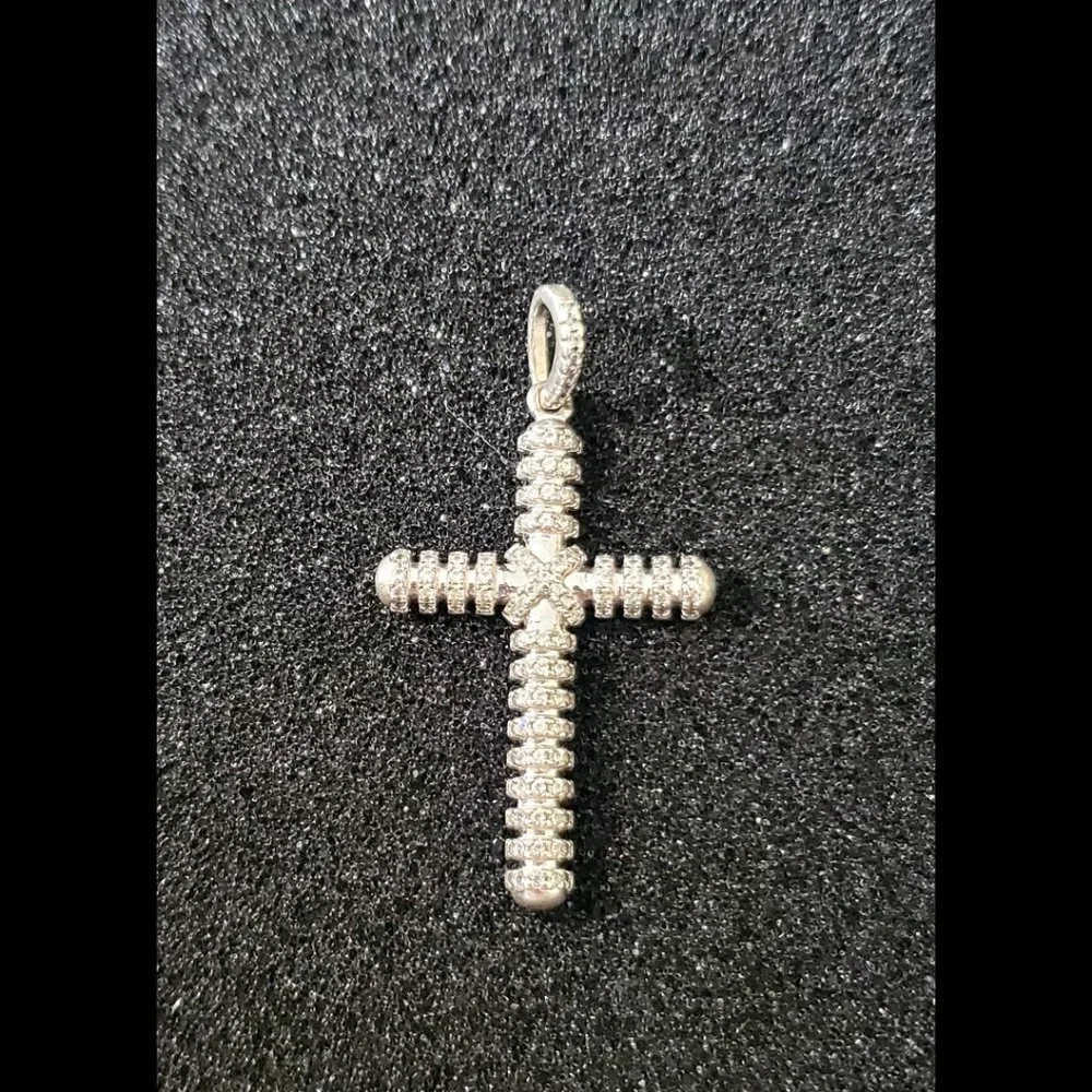 Men Women 925 Sterling Silver Micro Pave Cubic Zirconia Cross Pendant - Picture 2 of 11